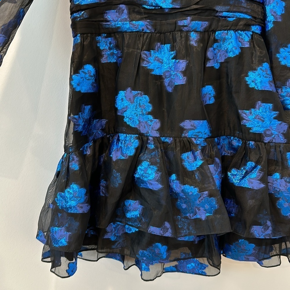 Zara Black Tiered Ruffle Organza Blue Floral Long Sleeve Mini Dress Size Small - Picture 7 of 11